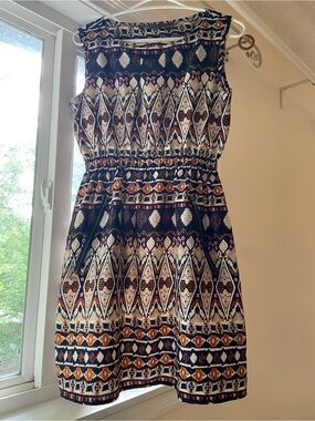 Speed Control Navy, Cream and Rust Geo Print Sleeveless Mini Dress
